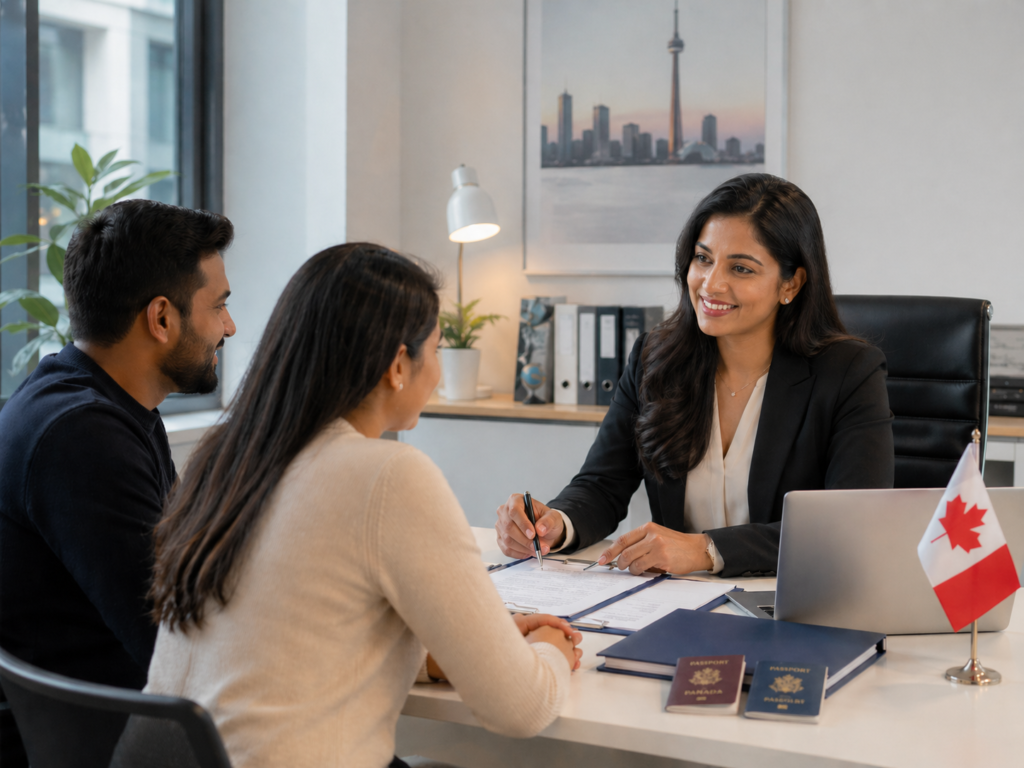 Professional Canadian immigration services with modern Canada skyline, airport arrival theme, and business travelers.